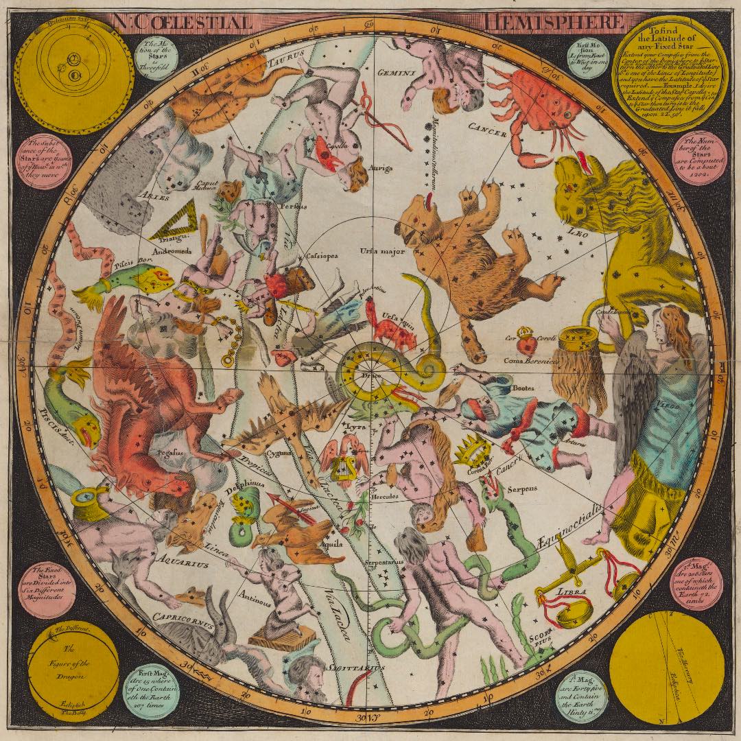 Astronomy: a star map of the night sky in the northern hemisphere, with the names of the constellations.