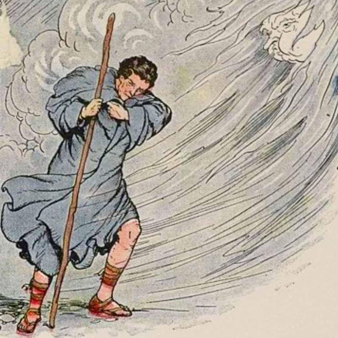 The Wind Attempts to Strip the Traveler of His Cloak by Milo Winter (1919)